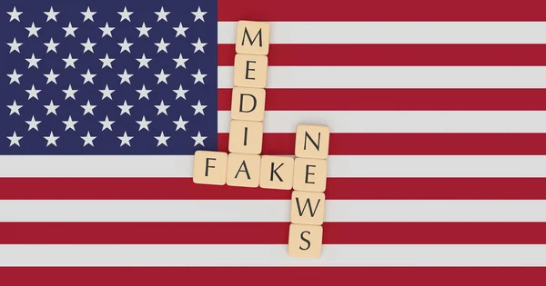 Letter Tiles Fake News Media On US Flag, 3d illustration