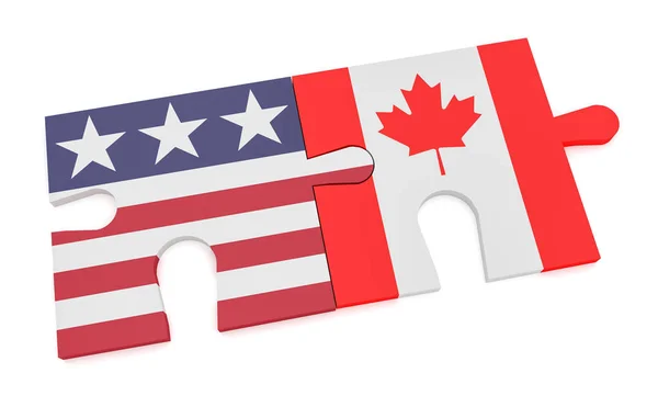 Ons vlag en Canadese vlag puzzel stukjes, 3d illustratie geïsoleerd op wit — Stockfoto