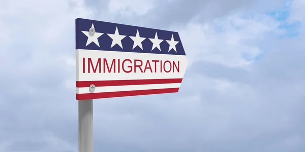 Immigration Direction Sign With US Flag, 3d illustration isolated against cloudy sky — Stock Photo, Image