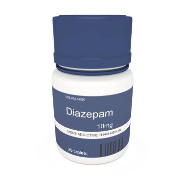 Mavi hapı şişe Diazepam bağımlılığı, beyaz arka plan üzerinde 3d çizim