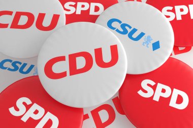 Alman siyaset koalisyon kavramı: Düğmeleri ile Logo siyasi partileri Cdu, Csu, SPD, 3d resim yığını