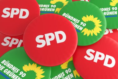 Alman siyaset kavramı: Düğmeleri ile logosu siyasi partileri Spd ve Yeşiller, 3d resim yığını