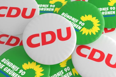 Alman siyaset kavramı: Düğmeleri ile logosu siyasi partileri Cdu ve Yeşiller, 3d resim yığını
