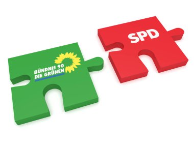 Alman siyaset koalisyon oluşumu kavramı: Yeşillik ve Spd, beyaz arka plan üzerinde 3d çizim bulmaca parçaları