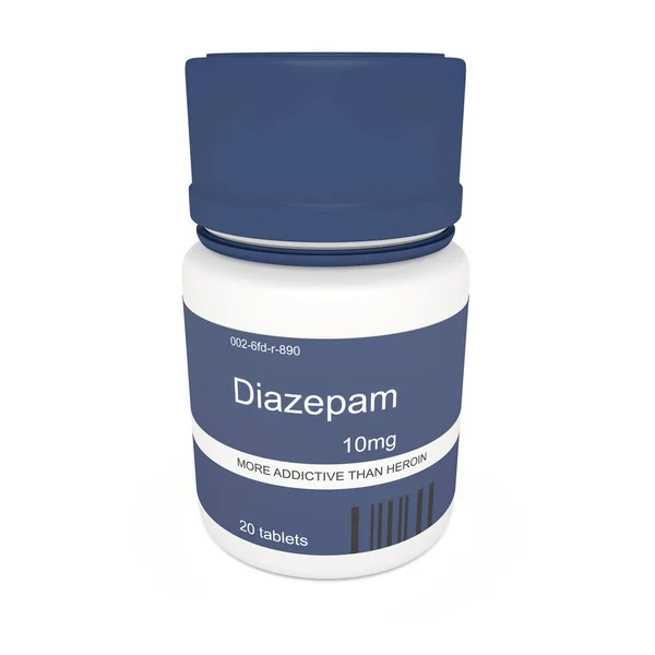 Mavi hapı şişe Diazepam bağımlılığı, beyaz arka plan üzerinde 3d çizim