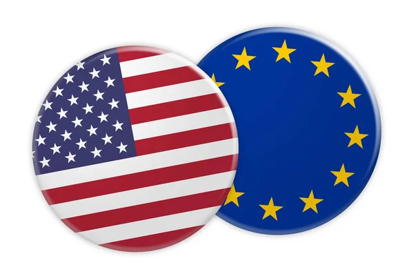 Botão de bandeira dos EUA no botão de bandeira da UE, ilustração 3d no fundo branco — Fotografia de Stock