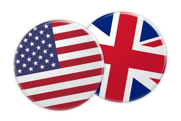 Botão de bandeira dos EUA no botão de bandeira do Reino Unido, ilustração 3d no fundo branco — Fotografia de Stock