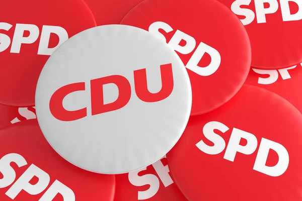 Német választási politika jelvények koncepció: Halom Spd gombok a Cdu gomb, 3D-s illusztráció — Stock Fotó