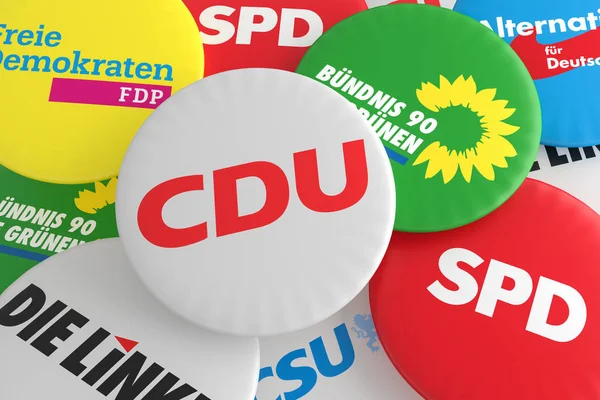 Куча кнопок с логотипом политических партий ХДС, ХСС, СДПГ, СвДП, AfD, Левые и Зеленые, 3d иллюстрация — стоковое фото