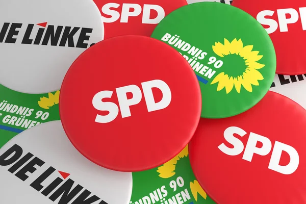 Német politika fogalma: Halom gombok, a logó a felek Spd, zöldek, a bal, 3D-s illusztráció — Stock Fotó