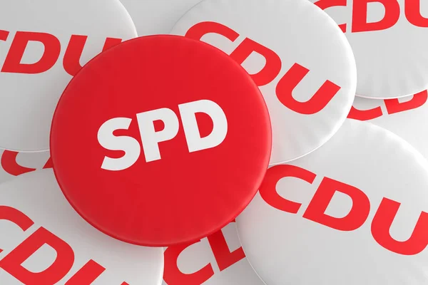 Концепция политических значков Германии: Куча кнопок ХДС с красной кнопкой SPD, 3d иллюстрация — стоковое фото