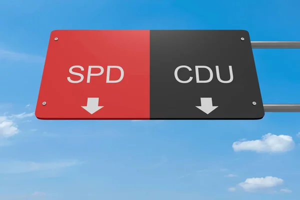 Niemiecka koncepcja polityka wybory: Spd znak drogowy lub Cdu, ilustracja 3d — Zdjęcie stockowe