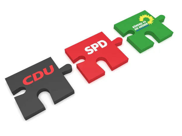 Niemiecka polityka koalicji formacji koncepcja: Puzzle kawałki Cdu, Spd i Zieloni, ilustracja 3d — Zdjęcie stockowe