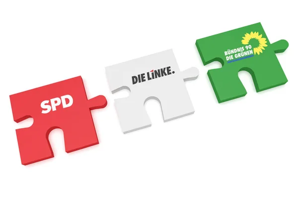 Niemiecka polityka koalicji formacji koncepcja: Puzzle kawałki Spd, po lewej stronie i Zieloni, ilustracja 3d — Zdjęcie stockowe