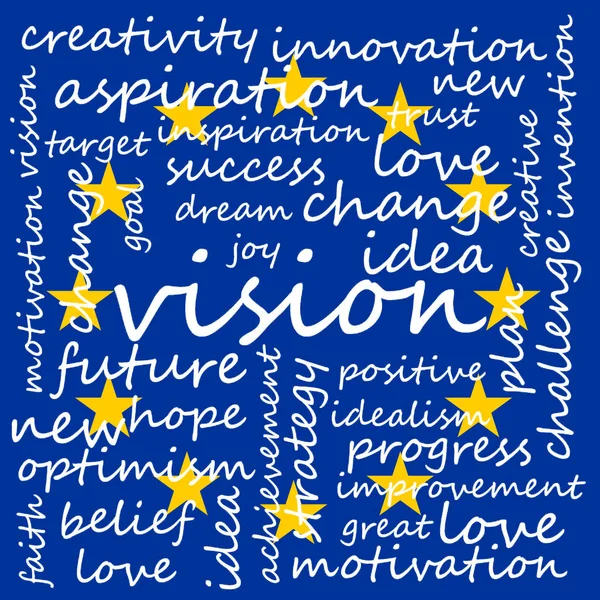 Illustration of Tag Cloud With Words Related To Vision, Creativity And Optimism, EU Flag Background — Stock Photo, Image