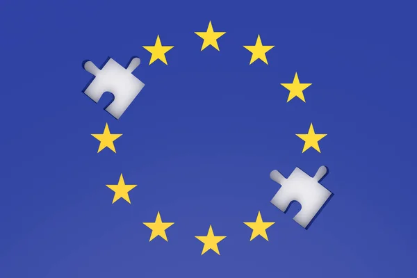 Криза ЄС: відсутні шматочки головоломки ЄС прапор 3d ілюстрації — стокове фото