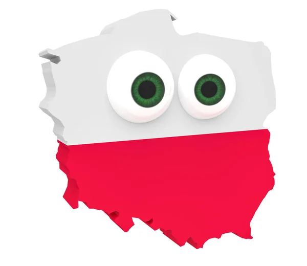 Γελοιογραφία πολωνική σημαία Χάρτης Πολωνίας με μεγάλα μάτια, 3d απεικόνιση — Φωτογραφία Αρχείου