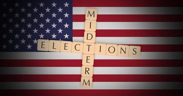 US Politics News Concept: Letter Tiles Midterm Elections On USA Flag, 3d illustration