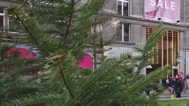 Boże Narodzenie drzewo przed towarowego KaDeWe w Berlinie, Niemcy — Wideo stockowe