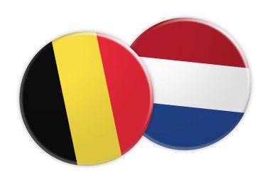 Belçika bayrağı düğmesi üzerinde Hollanda bayrağı düğmesi, beyaz arka plan üzerinde 3d çizim