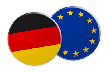 Almanya bayrağı düğmesi üzerinde AB bayrağı düğmesi, beyaz arka plan üzerinde 3d çizim