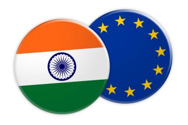 Hindistan bayrağı düğmesi üzerinde AB bayrağı düğmesi, beyaz arka plan üzerinde 3d çizim