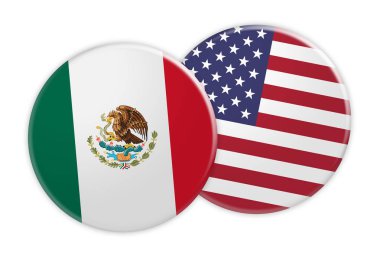 Meksika bayrağı düğmesi üzerinde ABD bayrağı düğmesi, beyaz arka plan üzerinde 3d çizim