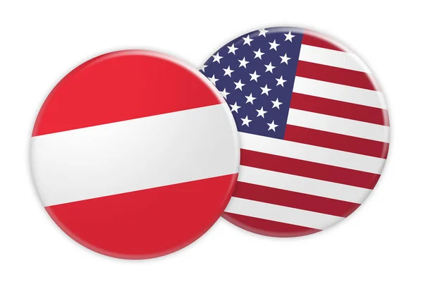 Botão de bandeira da Áustria no botão de bandeira dos EUA, ilustração 3D no fundo branco — Fotografia de Stock