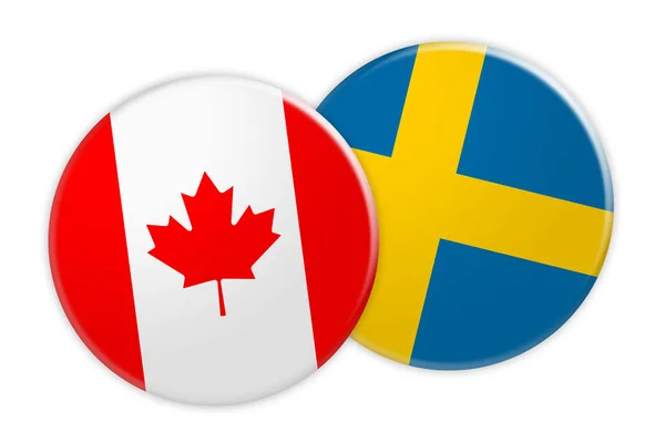 Καναδάς σημαία στην Σουηδία σημαία κουμπί, 3d απεικόνιση σε λευκό φόντο — Φωτογραφία Αρχείου