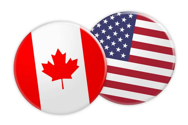 Botão de bandeira do Canadá no botão de bandeira dos EUA, ilustração 3d no fundo branco — Fotografia de Stock