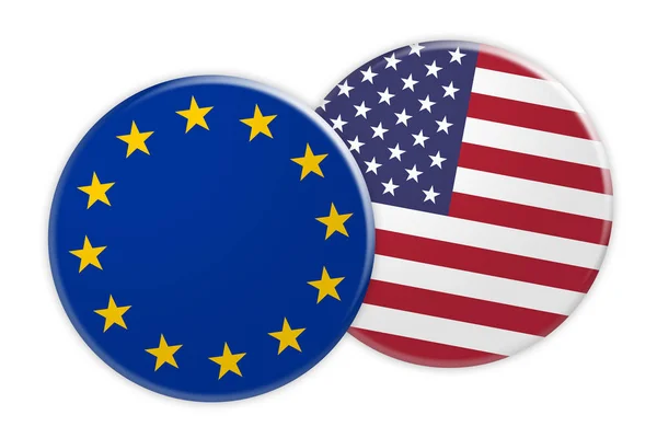 Botão de bandeira da UE no botão de bandeira dos EUA ilustração 3d no fundo branco — Fotografia de Stock