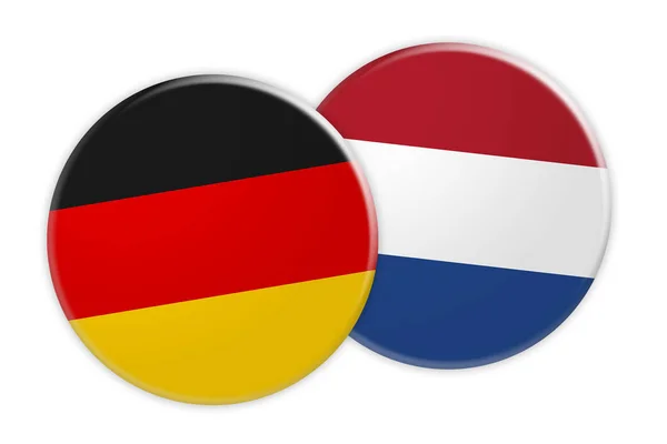 Německo vlajky na nizozemské vlajky tlačítko, 3d ilustrace na bílém pozadí — Stock fotografie