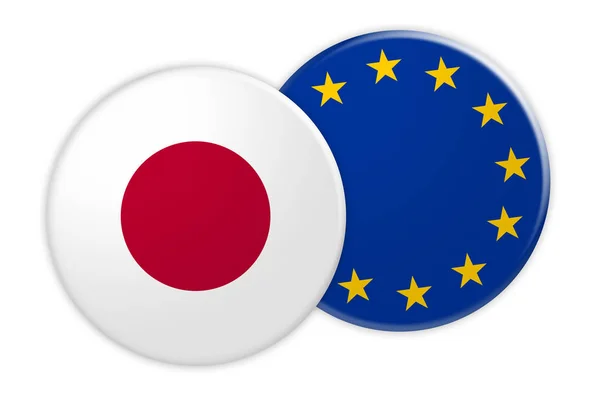 Botão de bandeira do Japão no botão de bandeira da UE, ilustração 3d no fundo branco — Fotografia de Stock