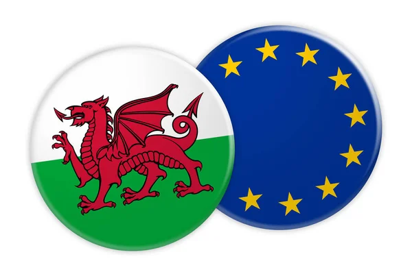 País de Gales Botão de bandeira na bandeira da UE Botão, ilustração 3d no fundo branco — Fotografia de Stock