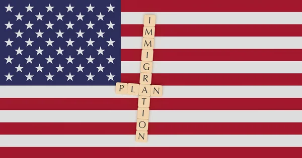 Letter Tiles Immigration Plan On US Flag, 3d illustration — Stock Photo, Image