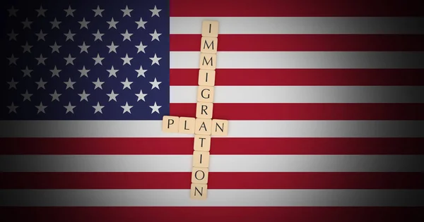 Letter Tiles Immigration Plan On US Flag, 3d illustration — Stock Photo, Image