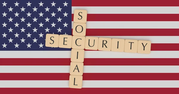 Letter Tiles Social Security On US Flag, 3d illustration