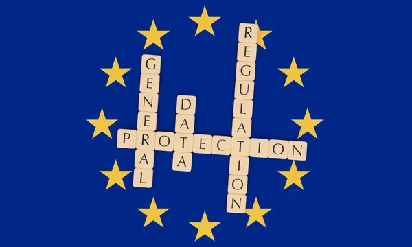 European Politics: Letter Tiles General Data Protection Regulation On EU Flag, 3d illustration