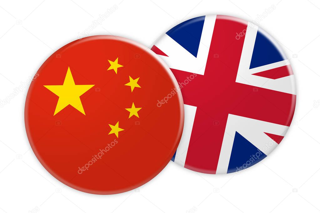 China Flag Button On UK Flag Button, 3d illustration on white background