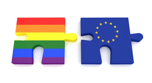 Puzzle Pieces Gay Pride Rainbow Flag And EU Flag — Stock Photo, Image