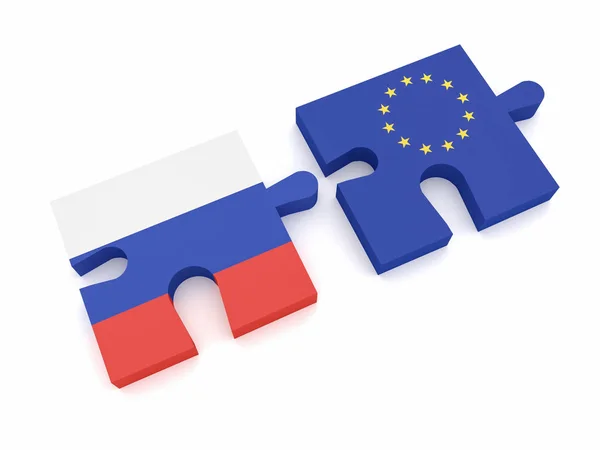 Rússia Parceria UE: Bandeira russa e peças de quebra-cabeça da bandeira da UE, ilustração 3d — Fotografia de Stock