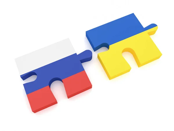 Bandeira russa e peças de quebra-cabeça da bandeira ucraniana, ilustração 3d — Fotografia de Stock