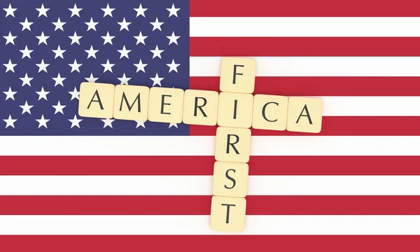 Letter Tiles America First On US Flag, 3d illustration — Stock Photo, Image