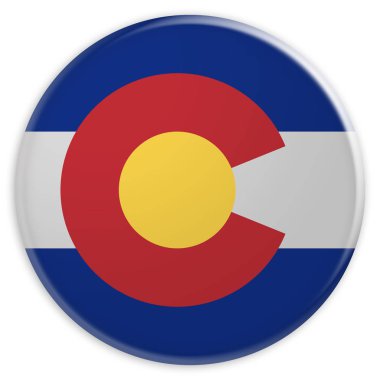 Bize durumu düğmesinin: Colorado bayrağı rozeti beyaz arka plan üzerinde 3d çizim