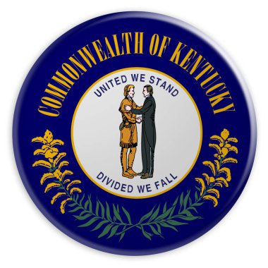 Bize durumu düğmesinin: Kentucky bayrağı rozeti beyaz arka plan üzerinde 3d çizim