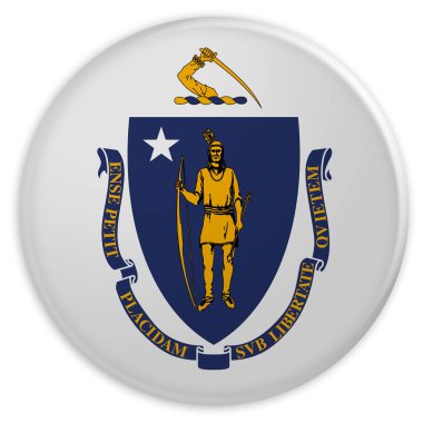 Bize durumu düğmesinin: Massachusetts bayrağı rozeti beyaz arka plan üzerinde 3d çizim
