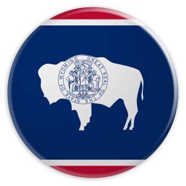 Bize durumu düğmesinin: Wyoming bayrağı rozeti beyaz arka plan üzerinde 3d çizim