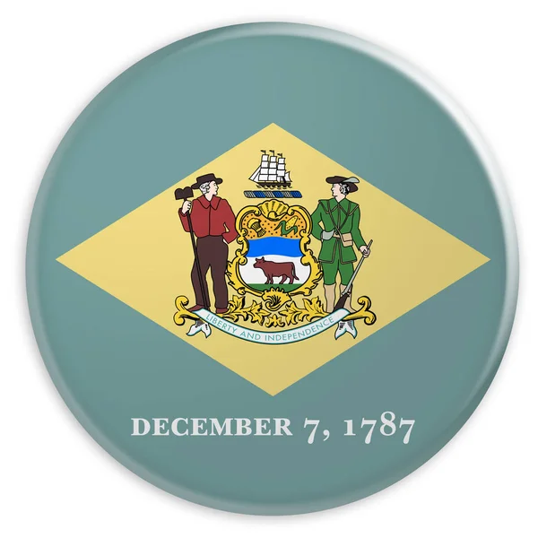 私たちの状態を持つボタン: デラウェア州旗バッジ白背景の 3 d 図 — ストック写真