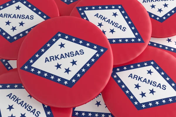 Boutons d'État américains : pile d'insignes du drapeau de l'Arkansas Illustration 3D — Photo
