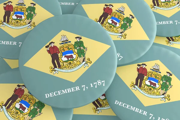 Pulsanti di Stato USA: Pile of Delaware Flag Badges 3d illustrazione — Foto Stock